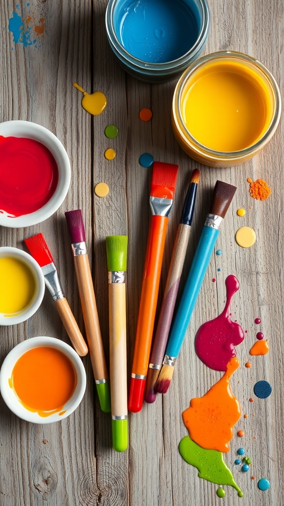 Juicy Ibis Paint Brush Recipe Edible paint brushes made from fruit puree with colorful tips and bowls of edible paint on a wooden table.